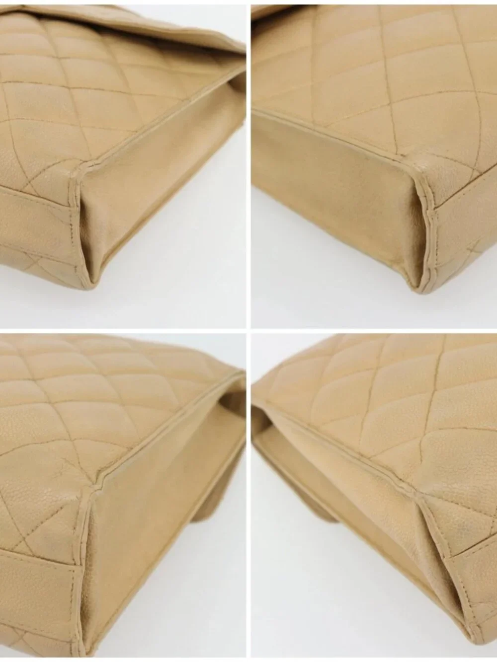 CHANEL Matelasse Business Bag Grained Calf Skin Beige Gold CC Auth bs35346